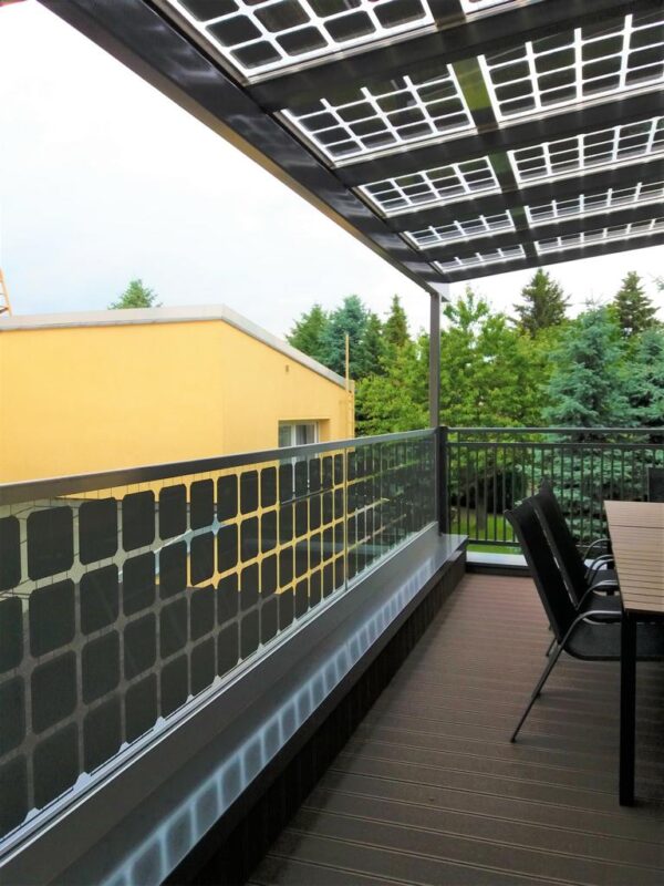 BIPV balcony system providing fall protection plus solar generation