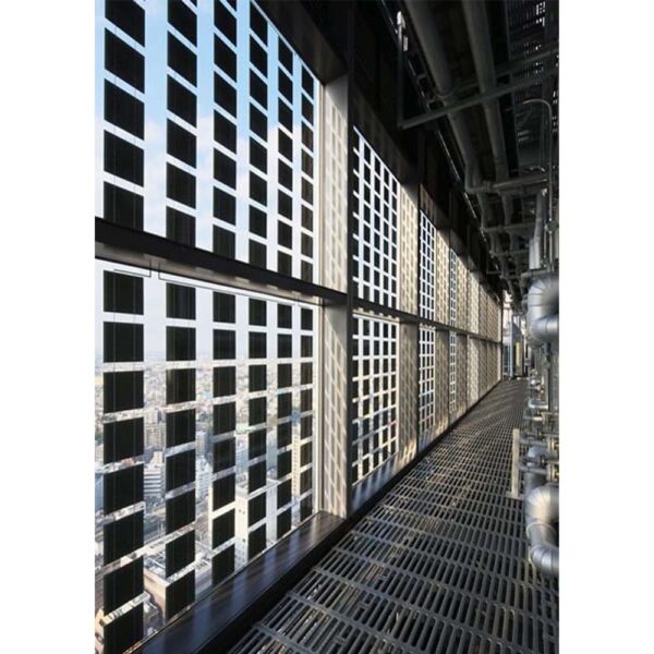 Transparent solar glass integration on modern building exterior
