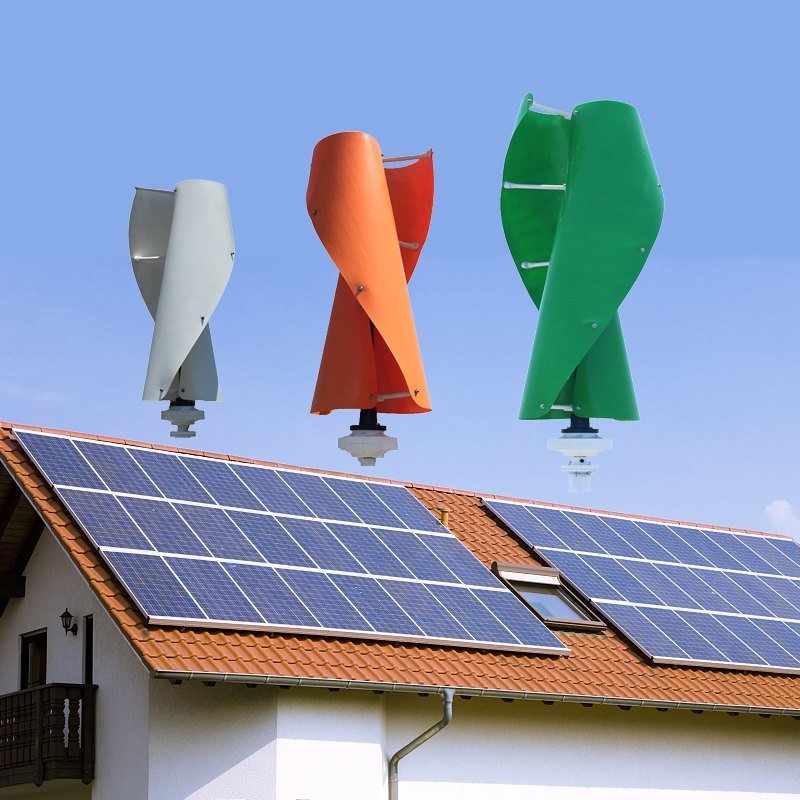 GBCORP 5kW vertical axis wind turbines with solar array on a residential roof